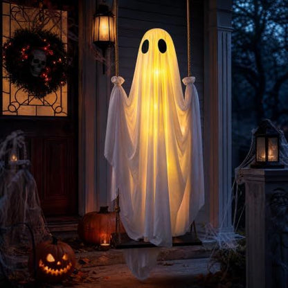 White fabric Halloween ghost hanging from a porch and lit from within