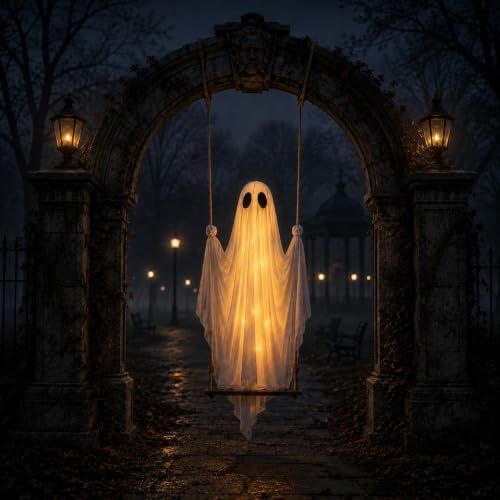 White fabric Halloween ghost hanging from a porch and lit from within