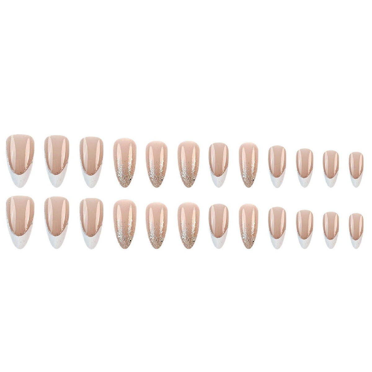 Set of nude pink press-on nails with glossy finish and glitter tip designs