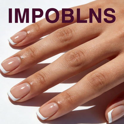 Set of nude pink press-on nails with glossy finish and glitter tip designs