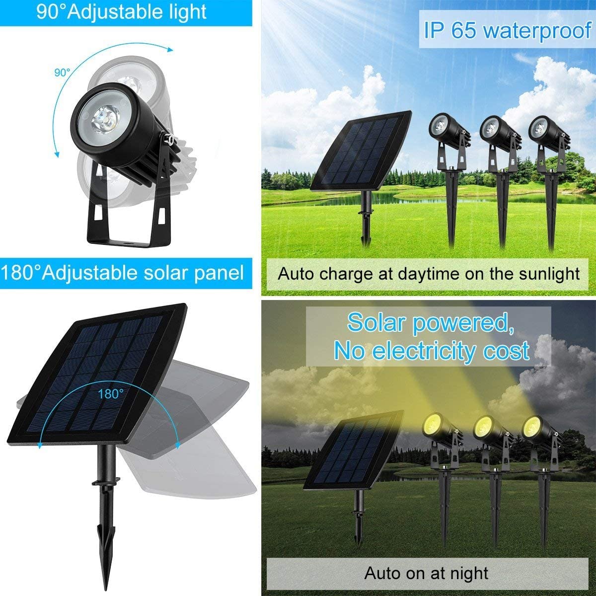 Black aluminium solar garden spotlight uplighting a tree at dusk