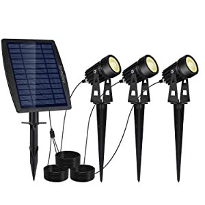 Black aluminium solar garden spotlight uplighting a tree at dusk