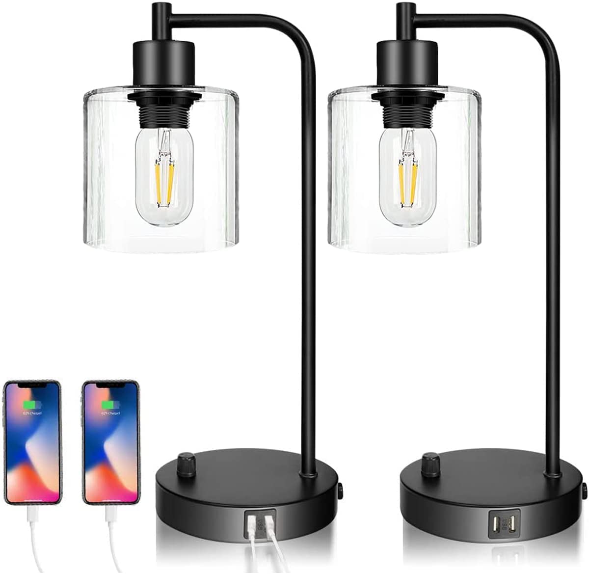 Two industrial table lamps with bubble glass shades and USB ports