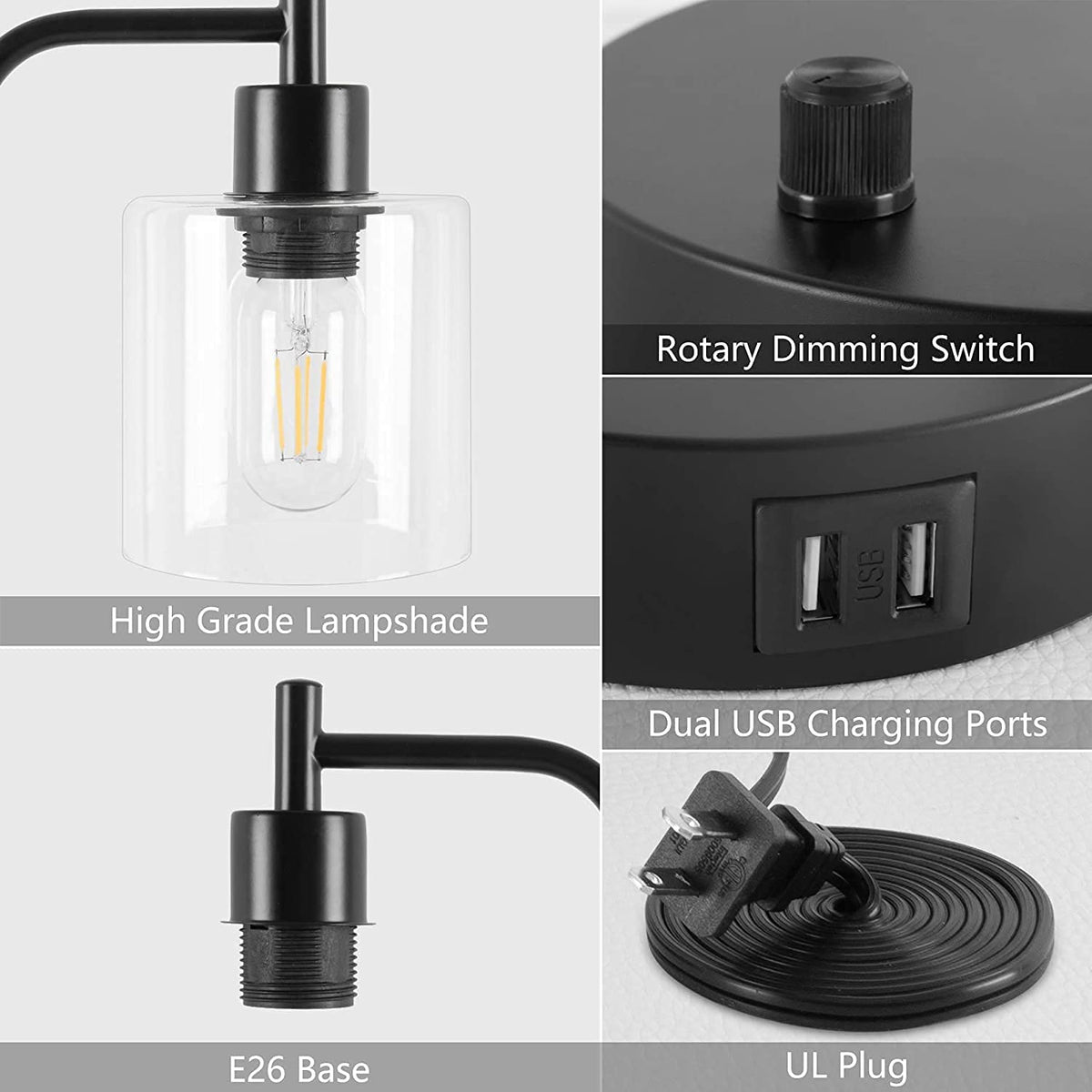Two industrial table lamps with bubble glass shades and USB ports
