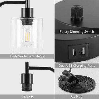 Two industrial table lamps with bubble glass shades and USB ports
