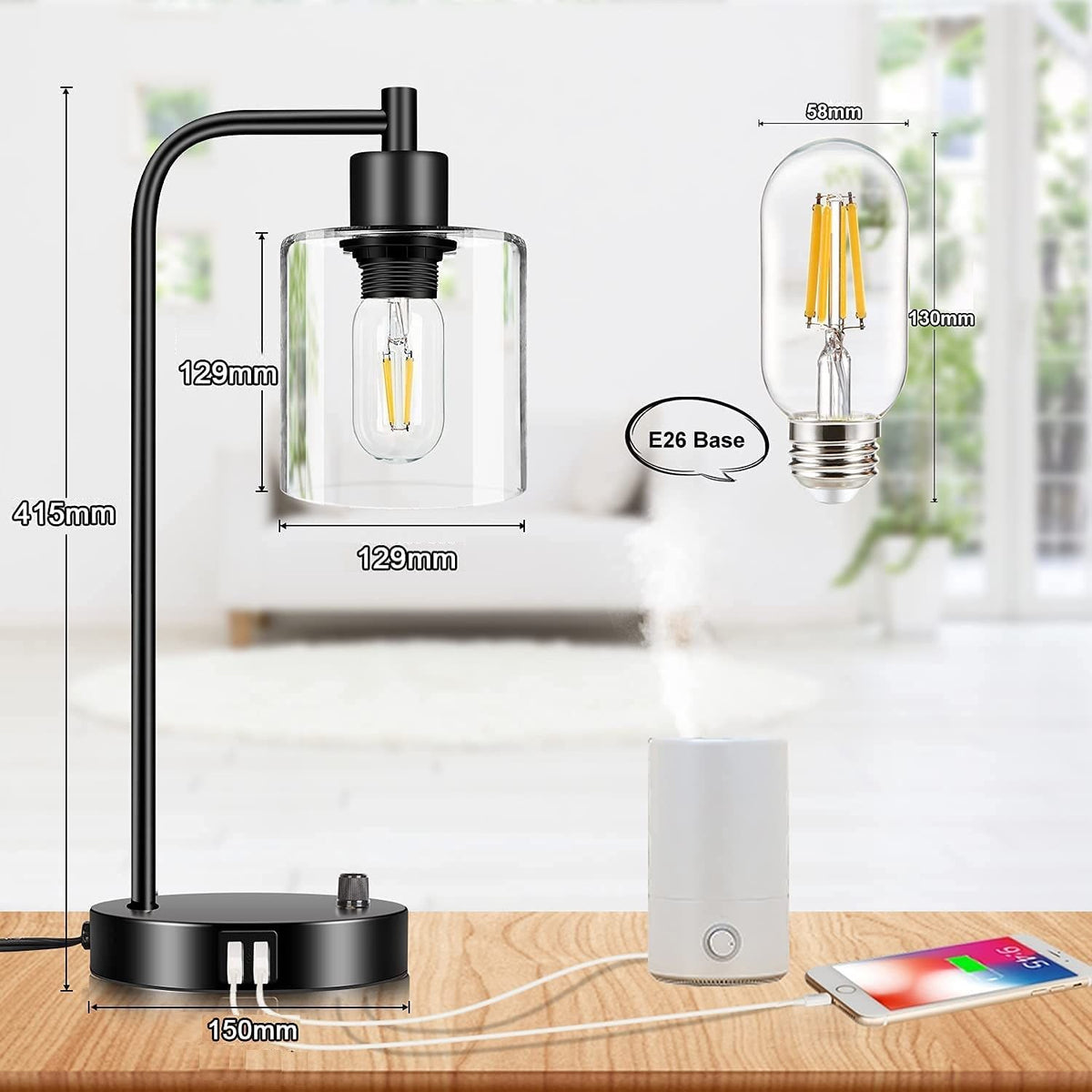 Two industrial table lamps with bubble glass shades and USB ports