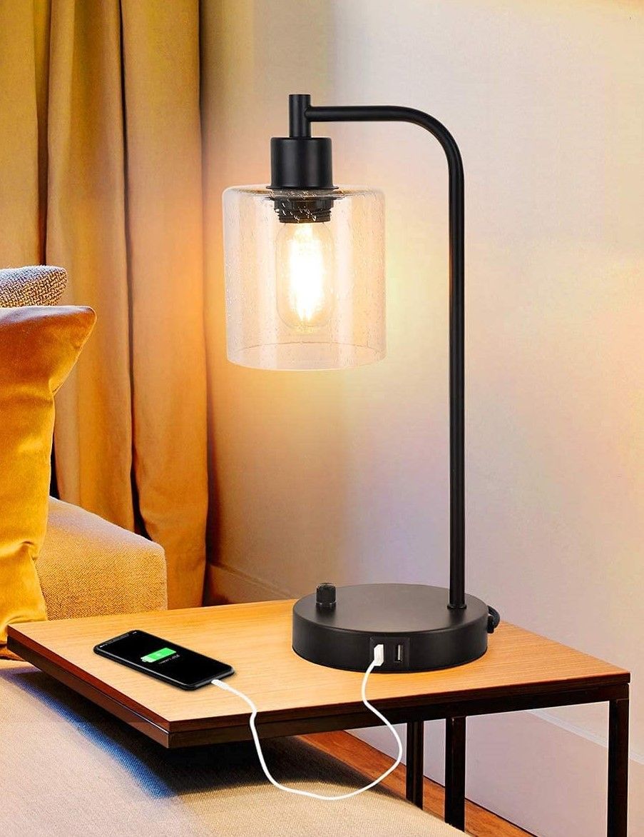 Two industrial table lamps with bubble glass shades and USB ports