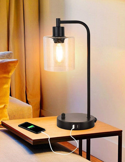 Two industrial table lamps with bubble glass shades and USB ports