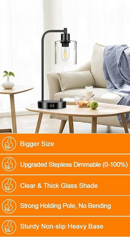 Two industrial table lamps with bubble glass shades and USB ports