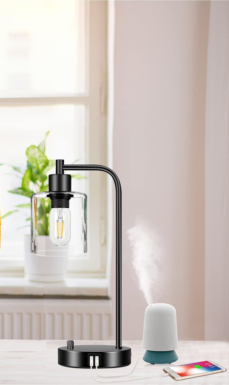 Two industrial table lamps with bubble glass shades and USB ports