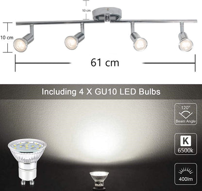 Chrome four head LED track lighting bar mounted on a ceiling