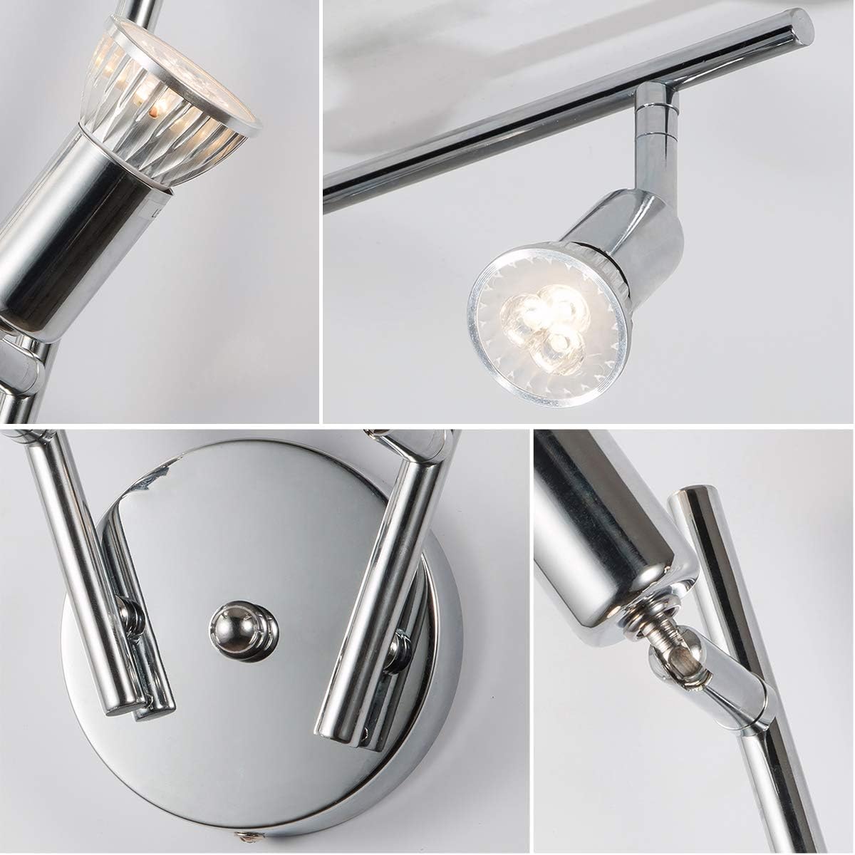 Chrome four head LED track lighting bar mounted on a ceiling
