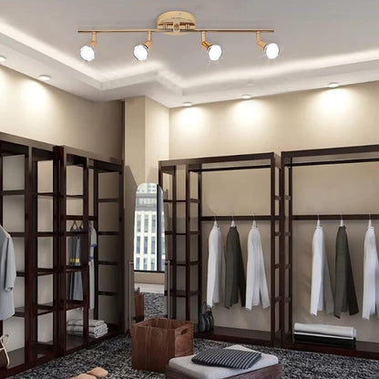 Gold four head LED track lighting bar mounted on a hallway ceiling