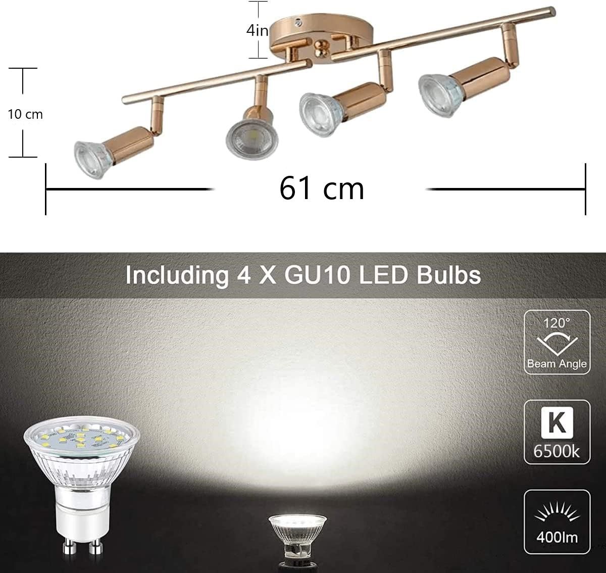 Gold four head LED track lighting bar mounted on a hallway ceiling