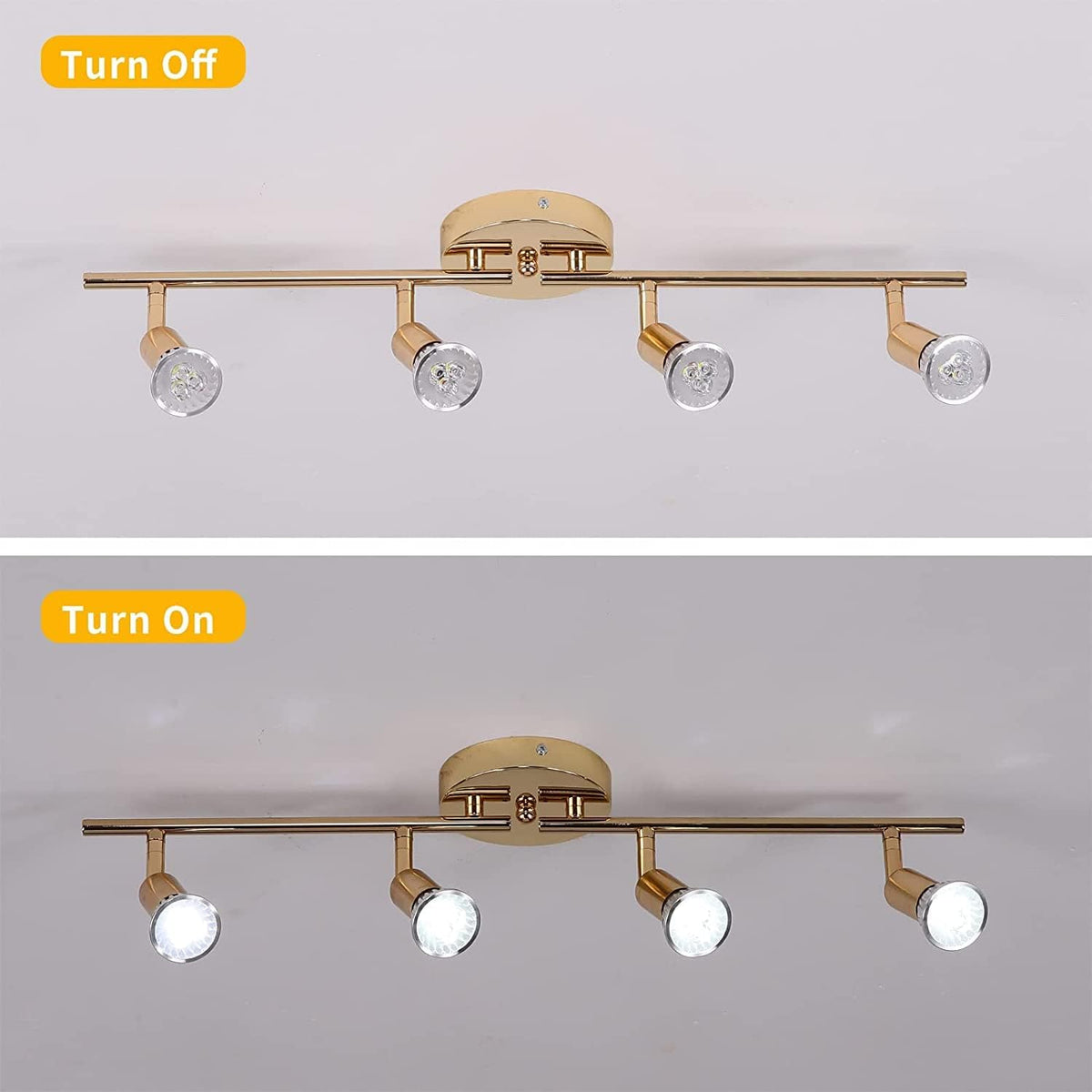 Gold four head LED track lighting bar mounted on a hallway ceiling