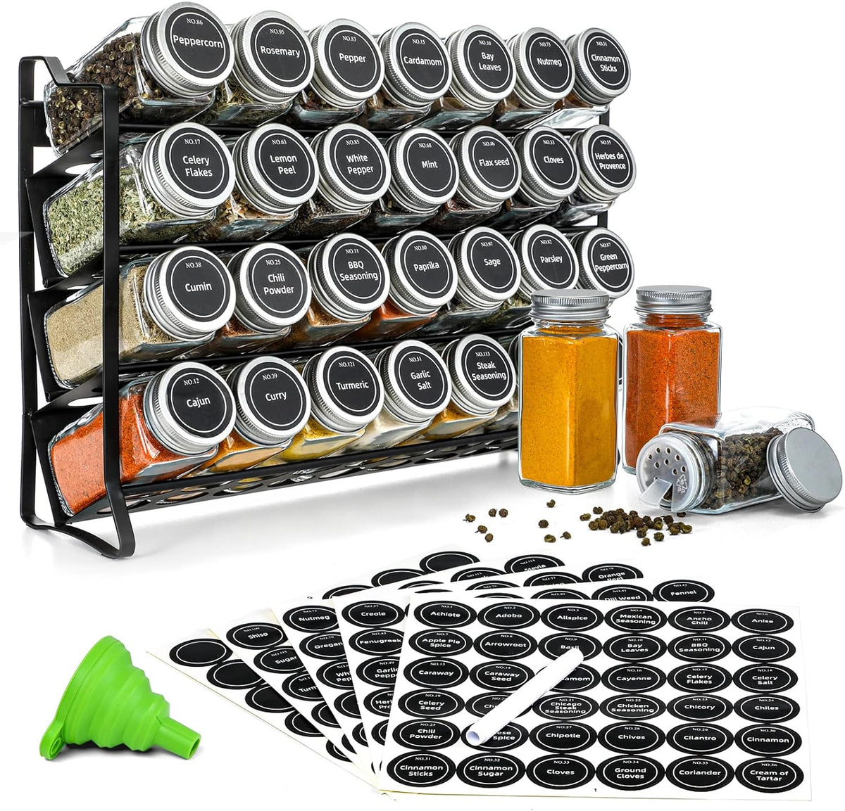 Black 4-tier spice rack with 28 clear glass jars and labels