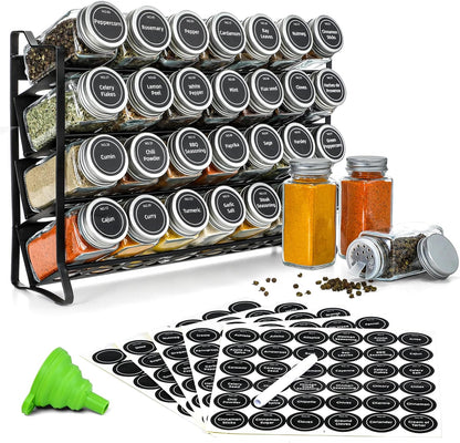 Black 4-tier spice rack with 28 clear glass jars and labels