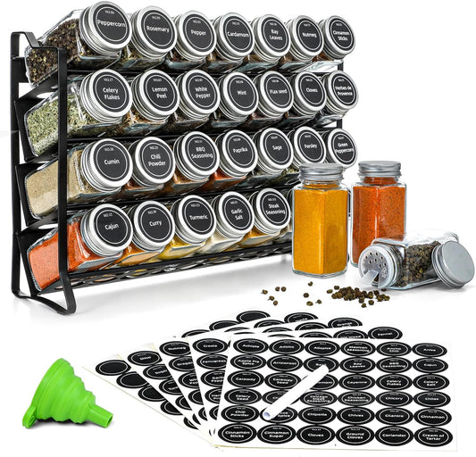 Black 4-tier spice rack with 28 clear glass jars and labels