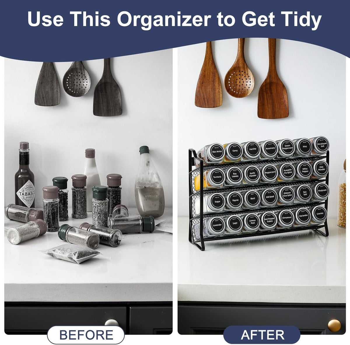 Black 4-tier spice rack with 28 clear glass jars and labels