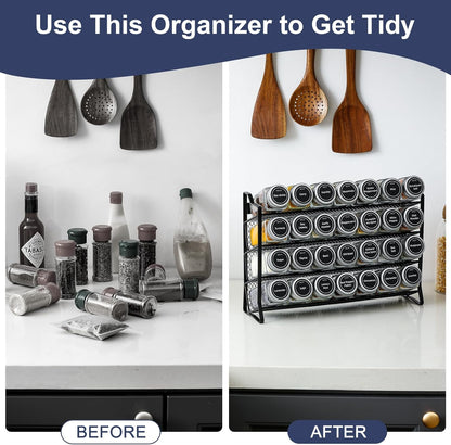 Black 4-tier spice rack with 28 clear glass jars and labels