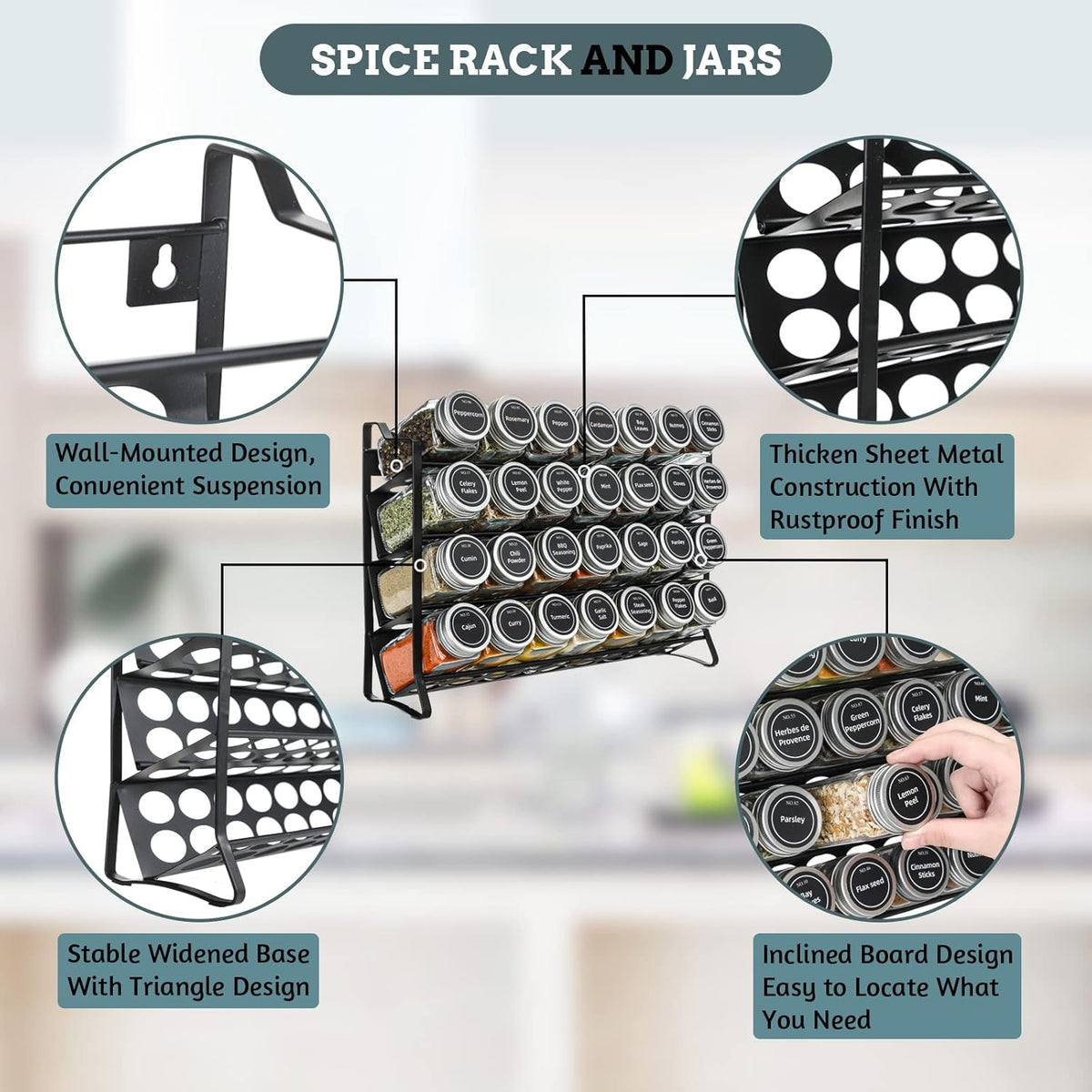 Black 4-tier spice rack with 28 clear glass jars and labels