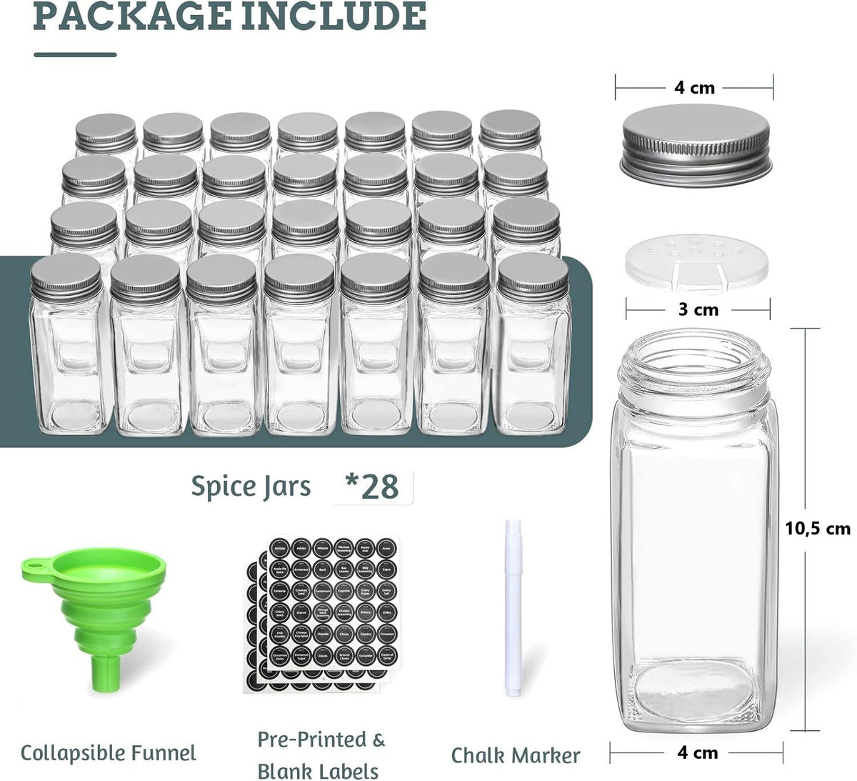 Black 4-tier spice rack with 28 clear glass jars and labels