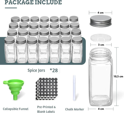 Black 4-tier spice rack with 28 clear glass jars and labels