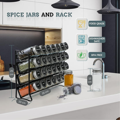 Black 4-tier spice rack with 28 clear glass jars and labels