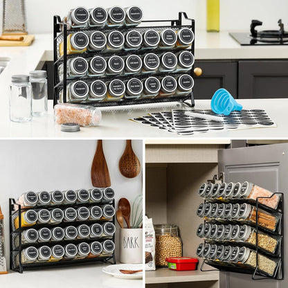 Black 4-tier spice rack with 28 clear glass jars and labels