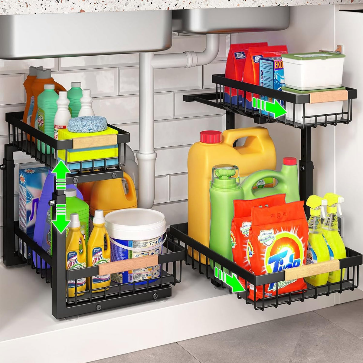 Two-tier adjustable under sink organiser with sliding baskets and suction cups