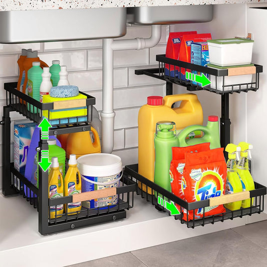 Two-tier adjustable under sink organiser with sliding baskets and suction cups