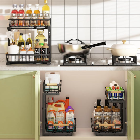 Two-tier adjustable under sink organiser with sliding baskets and suction cups