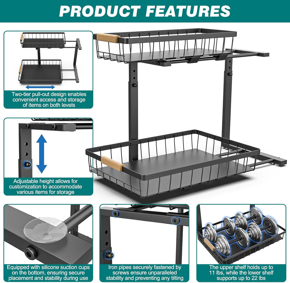 Two-tier adjustable under sink organiser with sliding baskets and suction cups