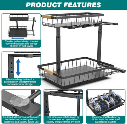 Two-tier adjustable under sink organiser with sliding baskets and suction cups