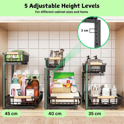 Two-tier adjustable under sink organiser with sliding baskets and suction cups