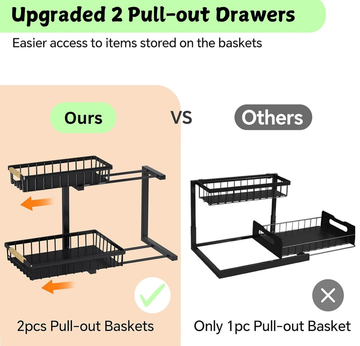 Two-tier adjustable under sink organiser with sliding baskets and suction cups