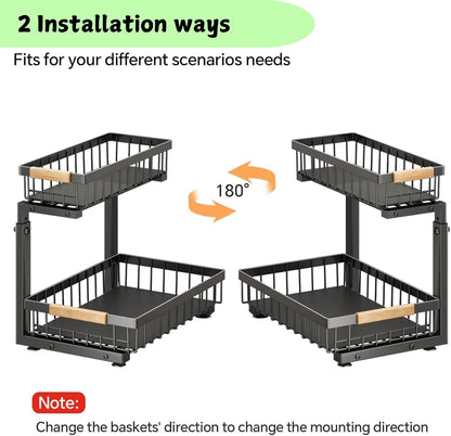 Two-tier adjustable under sink organiser with sliding baskets and suction cups