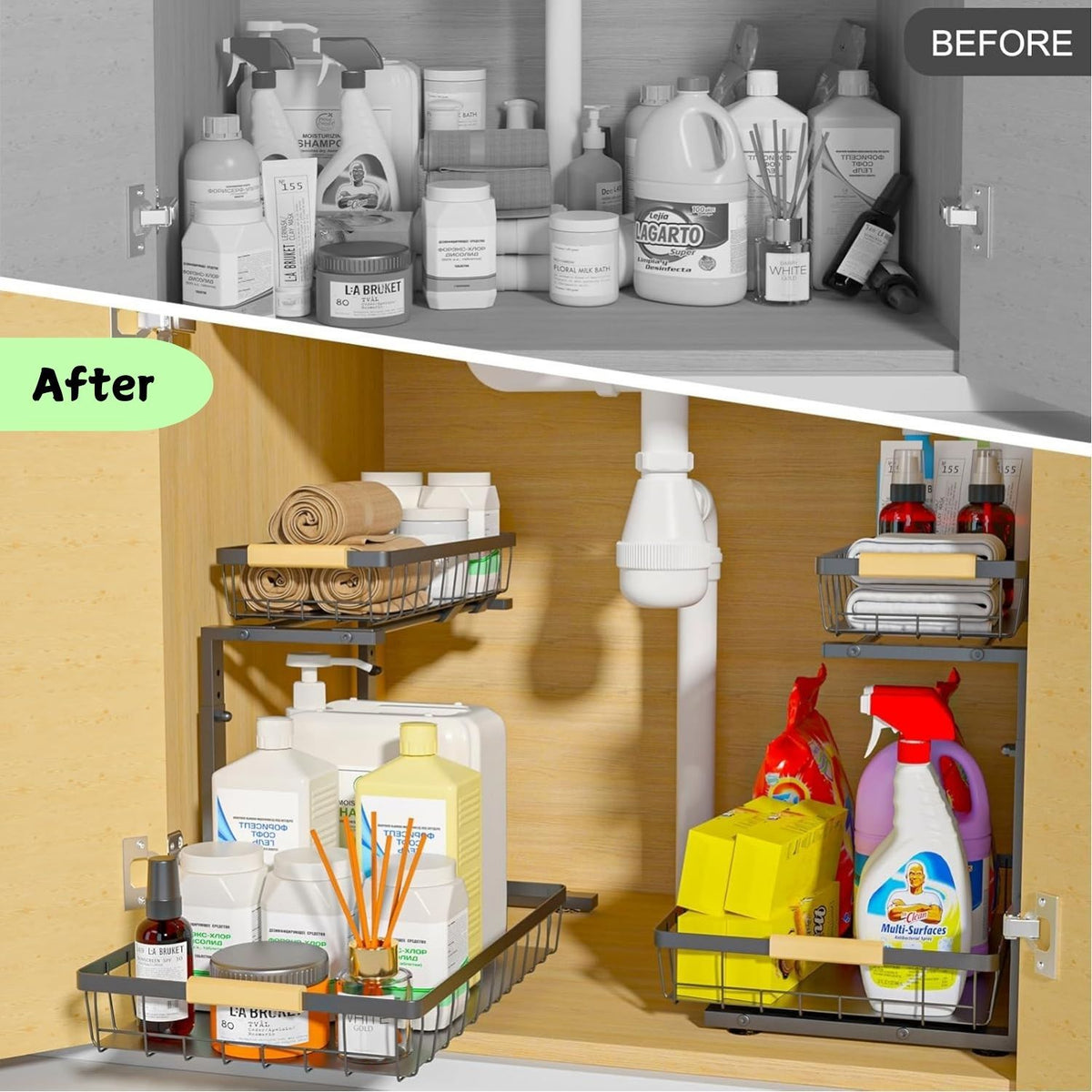 Two-tier adjustable under sink organiser with sliding baskets and suction cups