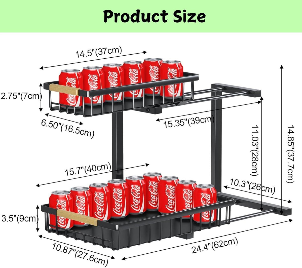 Two-tier adjustable under sink organiser with sliding baskets and suction cups