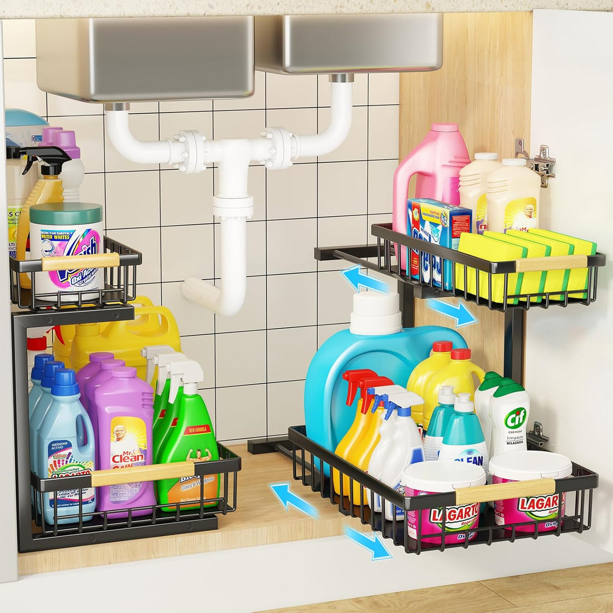 Two-tier adjustable under sink organiser with sliding baskets and suction cups
