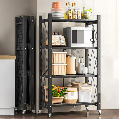 Black 4-tier foldable storage shelf on wheels with open metal frame