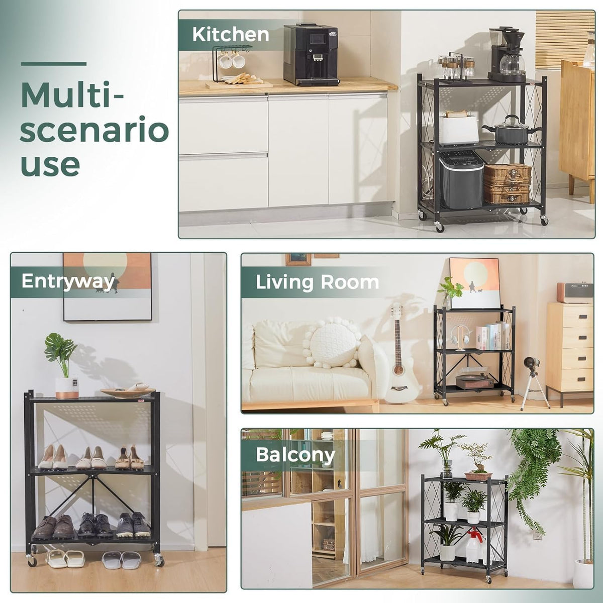 Black 4-tier foldable storage shelf on wheels with open metal frame