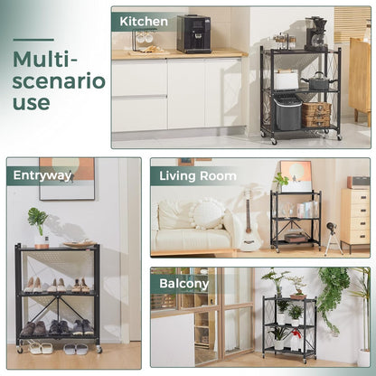 Black 4-tier foldable storage shelf on wheels with open metal frame