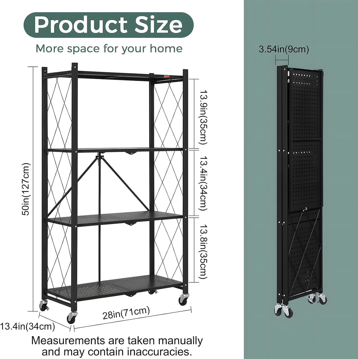 Black 4-tier foldable storage shelf on wheels with open metal frame