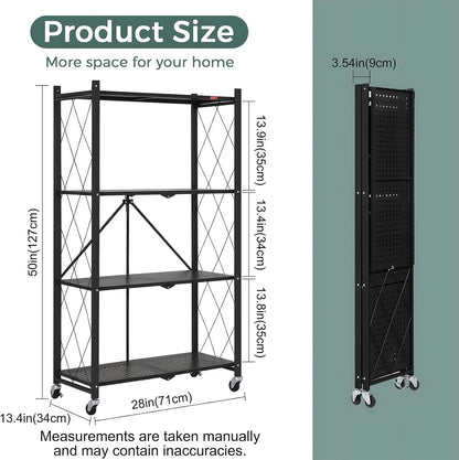 Black 4-tier foldable storage shelf on wheels with open metal frame