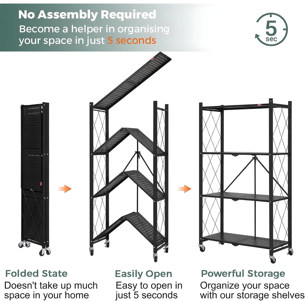 Black 4-tier foldable storage shelf on wheels with open metal frame