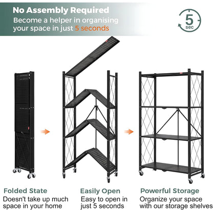 Black 4-tier foldable storage shelf on wheels with open metal frame