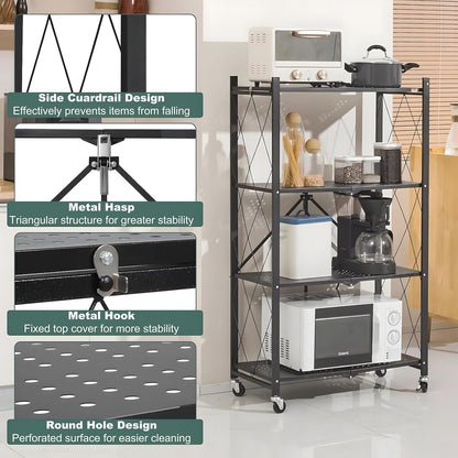 Black 4-tier foldable storage shelf on wheels with open metal frame