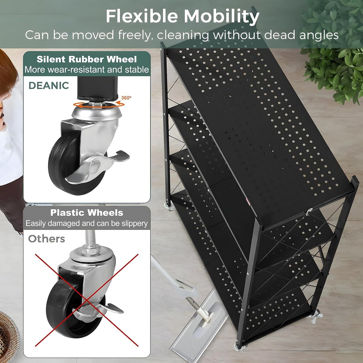 Black 4-tier foldable storage shelf on wheels with open metal frame