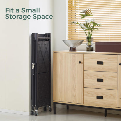 Black 4-tier foldable storage shelf on wheels with open metal frame